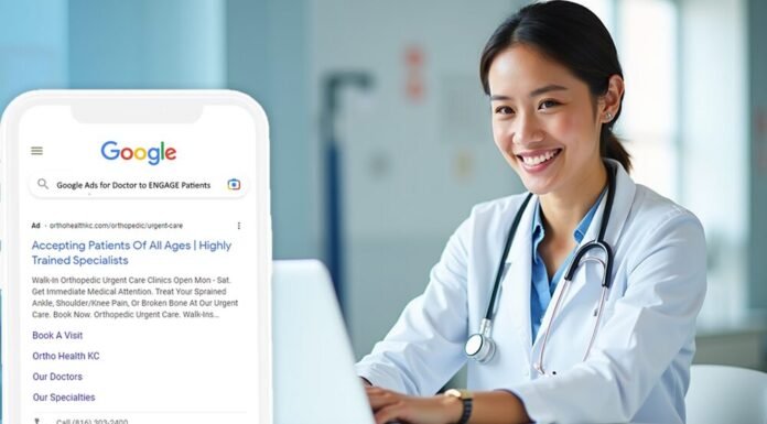 A doctor smiles at her desk, a stethoscope around her neck. Nearby, a smartphone screen reveals Google Ads for doctors showcasing the power of digital marketing for doctors to enhance patient reach and visibility.