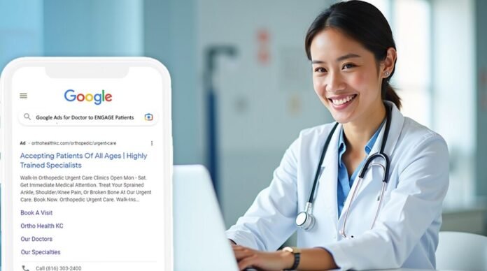 A doctor smiles at her desk, a stethoscope around her neck. Nearby, a smartphone screen reveals Google Ads for doctors showcasing the power of digital marketing for doctors to enhance patient reach and visibility.