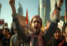 An Indian Taliban is a man wearing a keffiyeh who raises his arms and shouts in a crowded protest with flags and signs, reminiscent of recent demonstrations.