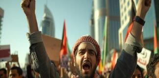 An Indian Taliban is a man wearing a keffiyeh who raises his arms and shouts in a crowded protest with flags and signs, reminiscent of recent demonstrations.