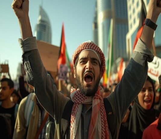 An Indian Taliban is a man wearing a keffiyeh who raises his arms and shouts in a crowded protest with flags and signs, reminiscent of recent demonstrations.