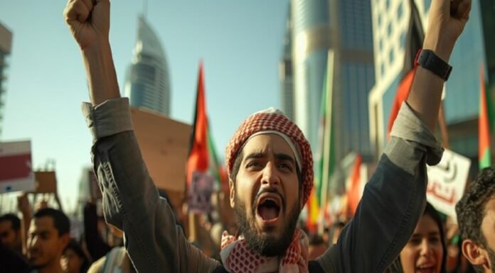 An Indian Taliban is a man wearing a keffiyeh who raises his arms and shouts in a crowded protest with flags and signs, reminiscent of recent demonstrations.