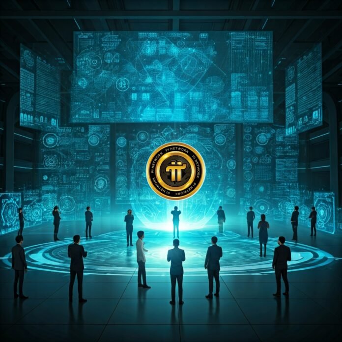 People stand in a futuristic room where digital screens showcase dynamic data flows, all centered around the glowing symbol of the Pi Network.