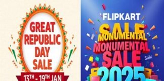 Side-by-side sale ads: "Great Republic Day Sale" on Amazon, Jan 13-19, powered by OnePlus 13/13R; "Flipkart Monumental Sale 2025," colorful graphics with shopping items. Sale on Amazon and Flipkart.