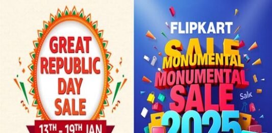 Side-by-side sale ads: "Great Republic Day Sale" on Amazon, Jan 13-19, powered by OnePlus 13/13R; "Flipkart Monumental Sale 2025," colorful graphics with shopping items. Sale on Amazon and Flipkart.