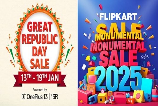 Side-by-side sale ads: "Great Republic Day Sale" on Amazon, Jan 13-19, powered by OnePlus 13/13R; "Flipkart Monumental Sale 2025," colorful graphics with shopping items. Sale on Amazon and Flipkart.