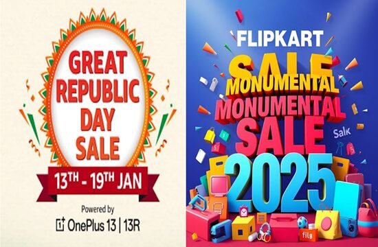 Side-by-side sale ads: "Great Republic Day Sale" on Amazon, Jan 13-19, powered by OnePlus 13/13R; "Flipkart Monumental Sale 2025," colorful graphics with shopping items. Sale on Amazon and Flipkart.