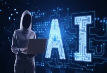 A person in a hoodie using a laptop stands next to a large digital AI sign, illuminated with circuit patterns, amidst the intriguing world of AI agents on a dark tech-themed background.