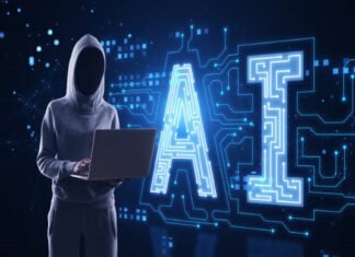 A person in a hoodie using a laptop stands next to a large digital AI sign, illuminated with circuit patterns, amidst the intriguing world of AI agents on a dark tech-themed background.