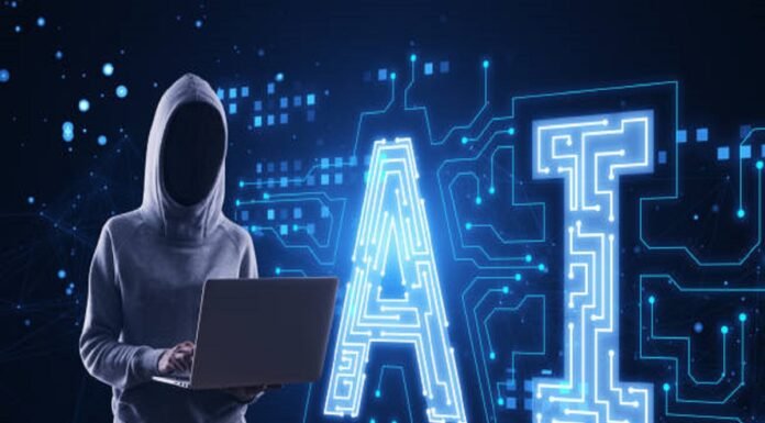 A person in a hoodie using a laptop stands next to a large digital AI sign, illuminated with circuit patterns, amidst the intriguing world of AI agents on a dark tech-themed background.