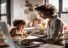 A woman works on a laptop at a desk, exploring the best side hustles for working moms, while a child draws beside her in the sunlit room.