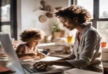 A woman works on a laptop at a desk, exploring the best side hustles for working moms, while a child draws beside her in the sunlit room.