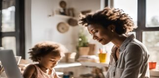 A woman works on a laptop at a desk, exploring the best side hustles for working moms, while a child draws beside her in the sunlit room.