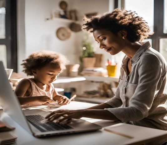 A woman works on a laptop at a desk, exploring the best side hustles for working moms, while a child draws beside her in the sunlit room.