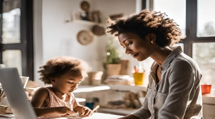 A woman works on a laptop at a desk, exploring the best side hustles for working moms, while a child draws beside her in the sunlit room.