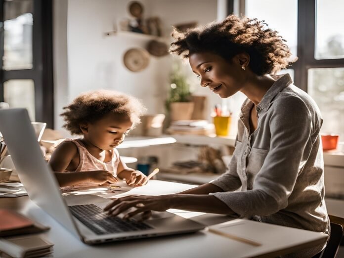 A woman works on a laptop at a desk, exploring the best side hustles for working moms, while a child draws beside her in the sunlit room.