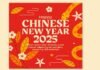 Red and gold Chinese New Year 2025 card featuring the snake, one of the traditional Chinese New Year animals, with floral motifs and decorative lines. Text reads "Happy Chinese New Year 2025" with placeholder Latin text below.