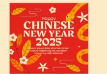 Red and gold Chinese New Year 2025 card featuring the snake, one of the traditional Chinese New Year animals, with floral motifs and decorative lines. Text reads "Happy Chinese New Year 2025" with placeholder Latin text below.