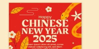 Red and gold Chinese New Year 2025 card featuring the snake, one of the traditional Chinese New Year animals, with floral motifs and decorative lines. Text reads "Happy Chinese New Year 2025" with placeholder Latin text below.