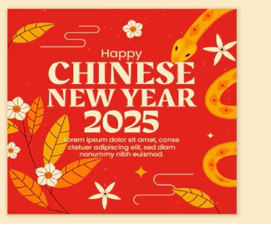 Red and gold Chinese New Year 2025 card featuring the snake, one of the traditional Chinese New Year animals, with floral motifs and decorative lines. Text reads "Happy Chinese New Year 2025" with placeholder Latin text below.