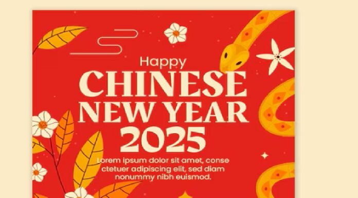 Red and gold Chinese New Year 2025 card featuring the snake, one of the traditional Chinese New Year animals, with floral motifs and decorative lines. Text reads "Happy Chinese New Year 2025" with placeholder Latin text below.