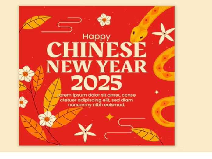 Red and gold Chinese New Year 2025 card featuring the snake, one of the traditional Chinese New Year animals, with floral motifs and decorative lines. Text reads 