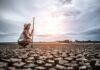 A farmer crouches on cracked, dry ground under a cloudy sky, holding a long stick. Dressed in light clothing and a hat, searching for answers in the parched earth and committing suicide.