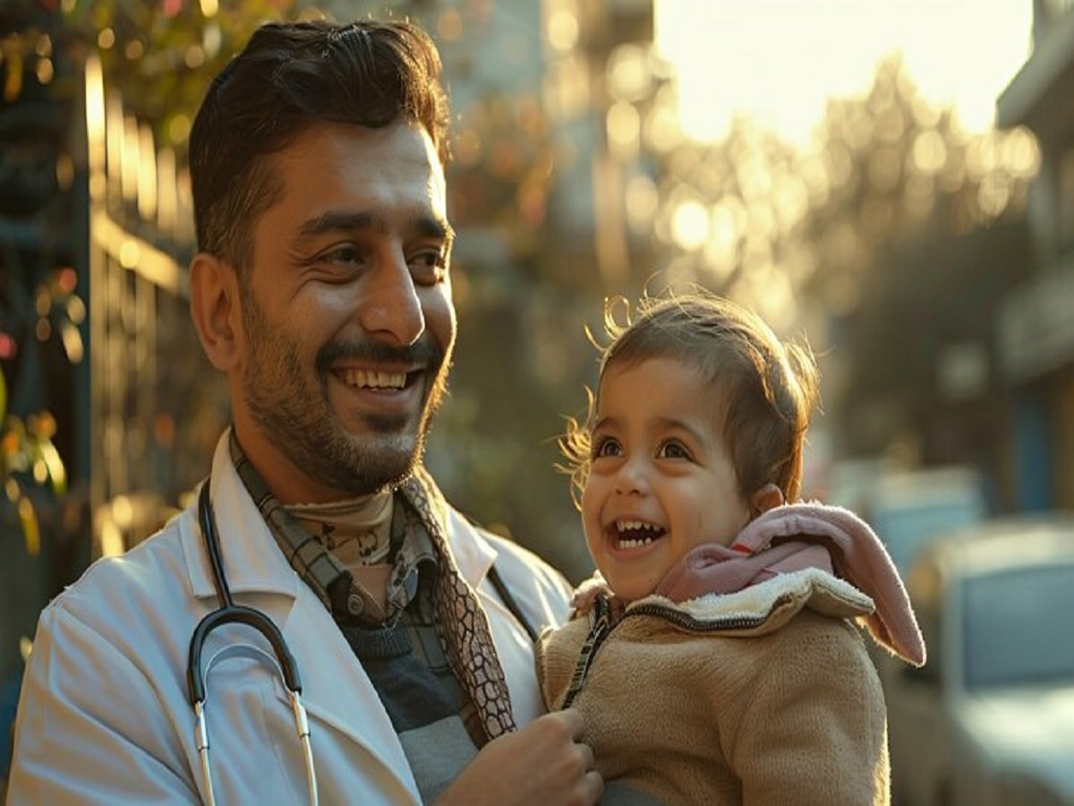 A smiling man in a white coat, symbolizing healthcare and education, holds a joyful child outdoors, with sunlight in the background.