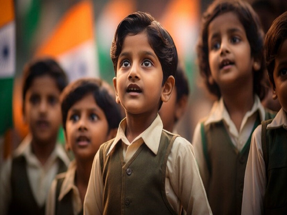 Children in school uniforms stand together with Indian flags in the background, symbolizing the promise of a brighter future enriched by quality healthcare and education.