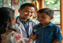 In an examination room, a doctor with a reassuring smile holds a stethoscope to a boy's chest, embodying the perfect harmony of healthcare and education.