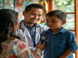 In an examination room, a doctor with a reassuring smile holds a stethoscope to a boy's chest, embodying the perfect harmony of healthcare and education.