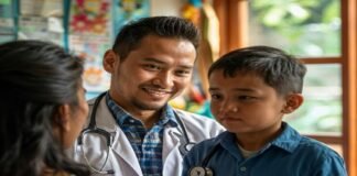 In an examination room, a doctor with a reassuring smile holds a stethoscope to a boy's chest, embodying the perfect harmony of healthcare and education.