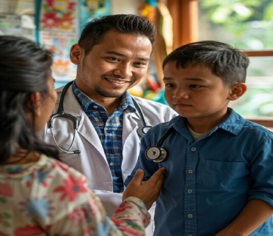 In an examination room, a doctor with a reassuring smile holds a stethoscope to a boy's chest, embodying the perfect harmony of healthcare and education.