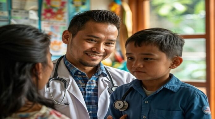 In an examination room, a doctor with a reassuring smile holds a stethoscope to a boy's chest, embodying the perfect harmony of healthcare and education.