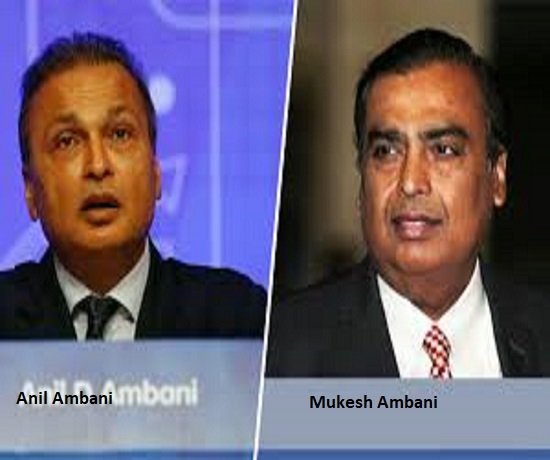 Two men in suits, labeled as Anil Ambani and Mukesh Ambani, are shown side by side in separate panels.