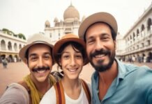 Three Indian immigrants wearing hats smile for a selfie in front of a historic building with domes and arches.