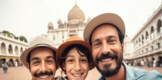 Three Indian immigrants wearing hats smile for a selfie in front of a historic building with domes and arches.