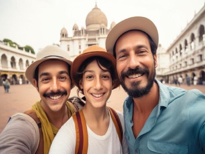 Three Indian immigrants wearing hats smile for a selfie in front of a historic building with domes and arches.