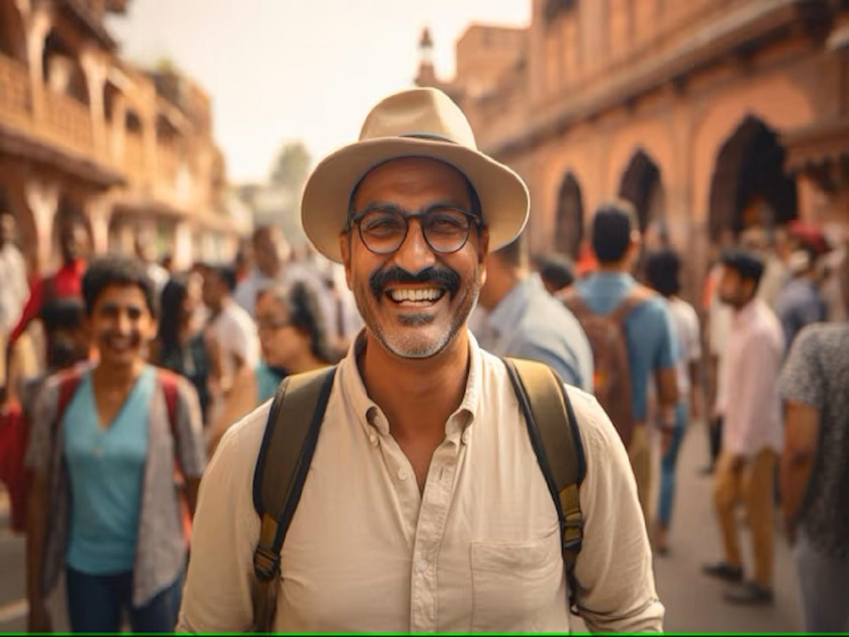 A smiling person, possibly one of the many Indian immigrants, wearing a hat and glasses stands in a crowded street with historic-looking buildings in the background.