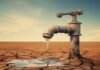 A rusty faucet protrudes from cracked, dry ground, releasing a small stream of water into a shallow puddle under a clear, blue sky—a haunting emblem of water scarcity reminiscent of the Indian water crisis.