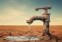 A rusty faucet protrudes from cracked, dry ground, releasing a small stream of water into a shallow puddle under a clear, blue sky—a haunting emblem of water scarcity reminiscent of the Indian water crisis.