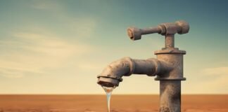 A rusty faucet protrudes from cracked, dry ground, releasing a small stream of water into a shallow puddle under a clear, blue sky—a haunting emblem of water scarcity reminiscent of the Indian water crisis.