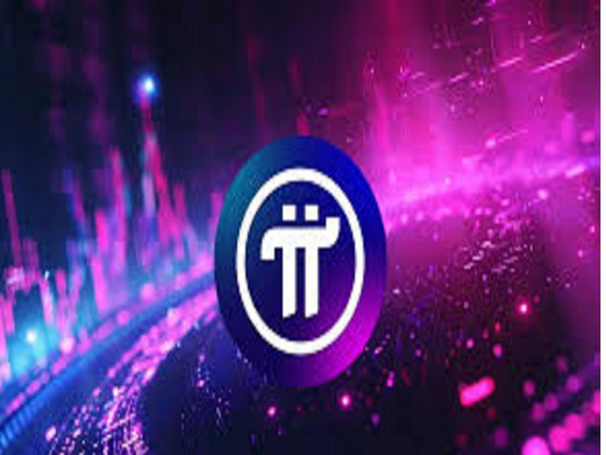 The Pi Network logo shines against a futuristic, neon-lit backdrop, bathed in vibrant pink and purple tones, symbolizing the potential rise of Pi Network's value.