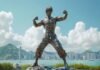 A bronze statue of a martial artist strikes a dynamic fighting pose, set against a waterfront cityscape where other statues stand sentinel under cloudy skies and distant mountains.