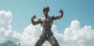 A bronze statue of a martial artist strikes a dynamic fighting pose, set against a waterfront cityscape where other statues stand sentinel under cloudy skies and distant mountains.