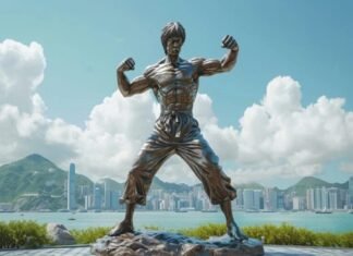 A bronze statue of a martial artist strikes a dynamic fighting pose, set against a waterfront cityscape where other statues stand sentinel under cloudy skies and distant mountains.