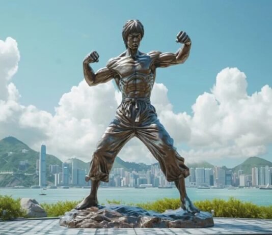 A bronze statue of a martial artist strikes a dynamic fighting pose, set against a waterfront cityscape where other statues stand sentinel under cloudy skies and distant mountains.