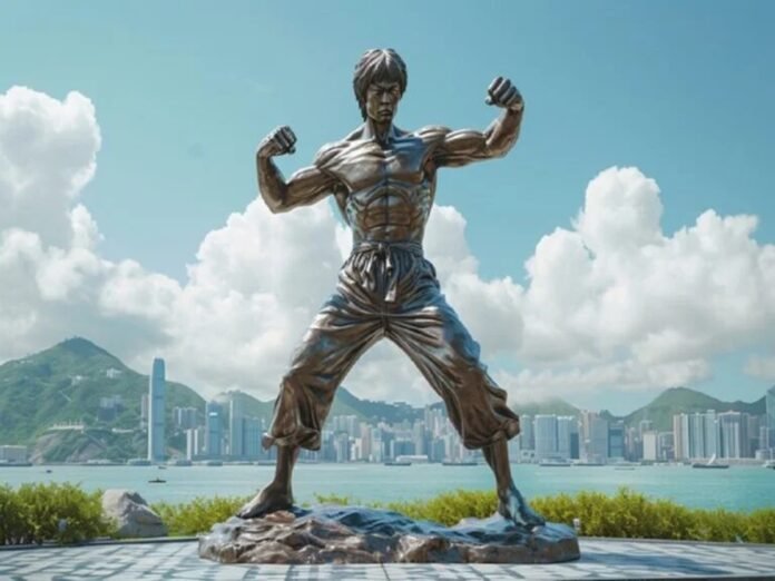 A bronze statue of a martial artist strikes a dynamic fighting pose, set against a waterfront cityscape where other statues stand sentinel under cloudy skies and distant mountains.