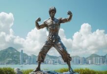 A bronze statue of a martial artist in a fighting stance graces the skyline, with urban towers and mountains looming behind—a testament to those who value art over spending money.