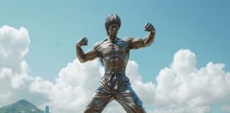 A bronze statue of a martial artist in a fighting stance graces the skyline, with urban towers and mountains looming behind—a testament to those who value art over spending money.